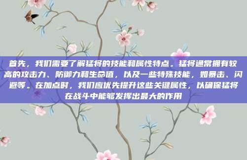 首先,我们需要了解猛将的技能和属性特点。猛将通常拥有较高的攻击力、防御力和生命值,以及一些特殊技能,如暴击、闪避等。在加点时,我们应优先提升这些关键属性,以确保猛将在战斗中能够发挥出最大的作用